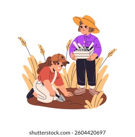Baby farmers planting agriculture field. Cute little girls work, dig soil to seeding together. Happy kids farming with tools on rural ground. Flat isolated vector illustration on white background