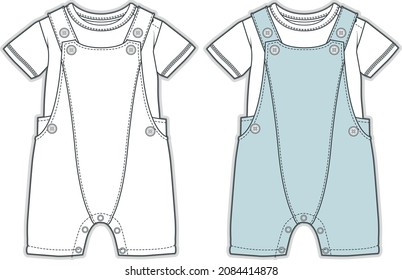 Baby fashion clothing design. Bodysuit vector flat sketch. Baby clothes template. Baby dungaree fashion flat sketch template boys and girls dungaree technical fashion illustration