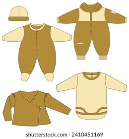 Diseño de ropa de moda para bebés. Esbozo vectorial plano del traje de cuerpo. Plantilla para ropa de bebé. Modelo de sketch plano de moda para mazmorras de niños y niñas ilustración técnica de moda