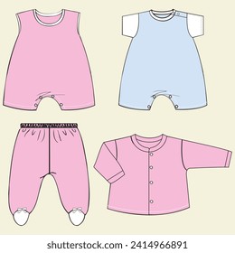 Baby fashion clothing design. Vector flat sketch of bodysuit costume. Template for baby clothes. Fashion flat sketch model for boys and girls dungeons technical fashion illustration