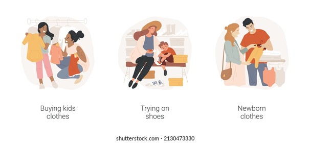 Baby Fashion Isolated Cartoon Vector Illustration Set. Buying Kids Clothes, Trying On Shoes, Newborn Clothes, Apparel Collection, Shopping Center, Happy Family, Retail Store Vector Cartoon.