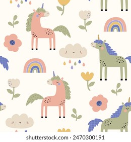 baby fashion pattern design with cute unicorn, cloud, rainbow and flower drawing as vector