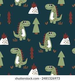 baby fashion pattern design with cute dinosaur, mountain, tree drawing and slogan as vector