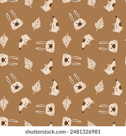 baby fashion pattern design with cute bunny and fox head drawing as vector