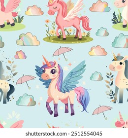 Baby fashion pattern design with cute unicorn, cloud, rainbow and flower drawing. Seamless pattern.  Kids fashion