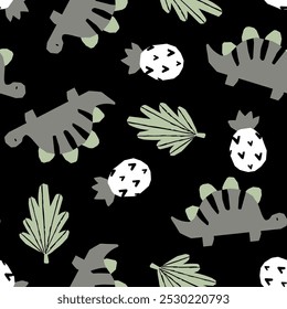 baby fashion pattern design as vector with monochrome dinosaur, leaf and pine apple drawing