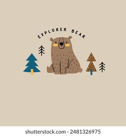 baby fashion print design with bear and tree drawing as vector