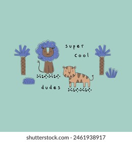 baby fashion print design with cute lion and tiger drawing as vector