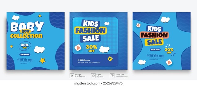 Diseño de post de redes sociales de venta de moda para bebés y post de moda para niños