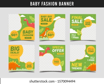 Baby Fashion Sale Square Banner Template With Dinosaurs Illustration. Promotional Banner For Social Media Post, Web Banner And Flyer