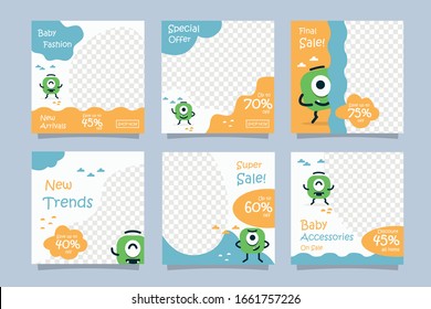 Baby fashion social media post templates set with unique cartoon character