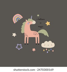 baby fashion tee print design with cute unicorn drawing as vector