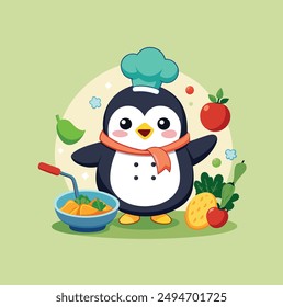 baby fat Cute Penguin cooking vegetable mascot vector