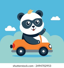 baby fat panda with sunglass ride mini car mascot vector