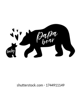 Baby and father bear. Papa bear. Black baby bear silhouette for Farthers day card. Bear family print Vector design. Happy Farthers day.