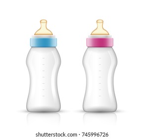 Baby feed bottle isolated plastic drink. Baby formula food milk glass.