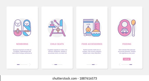 Baby feeding accessory vector illustration. UX, UI onboarding mobile app page screen set with line newborn children, infant kid food and bottle for powdered milk, bib and spoon crockery nursery items