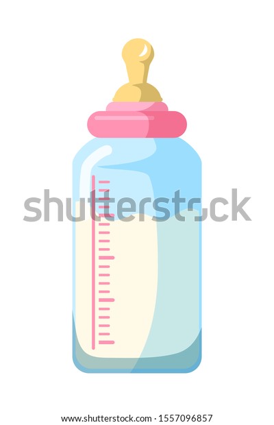哺乳瓶の平らなベクターイラスト ゴムのニップルと目盛りの側面図を持つプラスチック容器入りの牛乳 幼児や新生児の健康的な栄養 育児用品 のベクター画像素材 ロイヤリティフリー