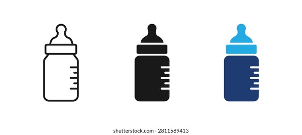 Baby feeding bottle icon set with measurement scale and nipple for infant newborn milk nutrition or childcare Vector illustration