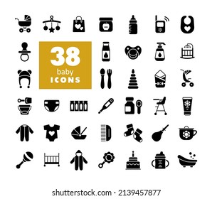 Baby, feeding and care glyph icons set. Graph symbol for children and newborn babies web site and apps design, logo, app, UI