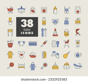 Baby, feeding and care isolated icons set. Graph symbol for children and newborn babies web site and apps design, logo, app, UI