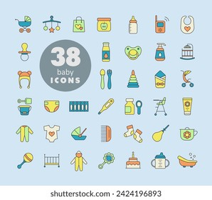 Baby, feeding and care isolated icons set. Graph symbol for children and newborn babies web site and apps design, logo, app, UI