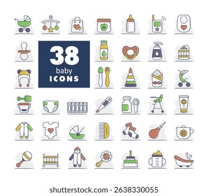 Baby, feeding and care isolated icons set. Graph symbol for children and newborn babies web site and apps design, logo, app, UI