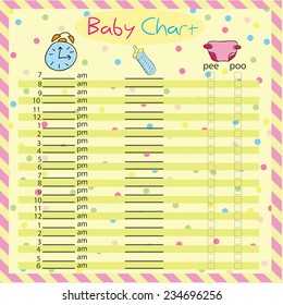 Baby feeding and diaper schedule - baby chart for moms - colorful vector illustration