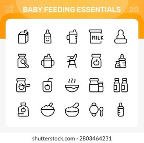 Baby feeding essentials icon set. Editable line icons. Professional and modern outline icon collection vector illustration featuring nursing bottle warmer milk bib and baby mealtime in a minimal design.