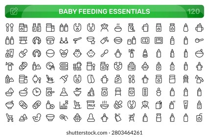 Baby feeding essentials icon set. Editable line icons. Professional and modern outline icon pack vector illustration featuring baby nutrition bottle spoon bowl high chair and feeding tools in a simple design.
