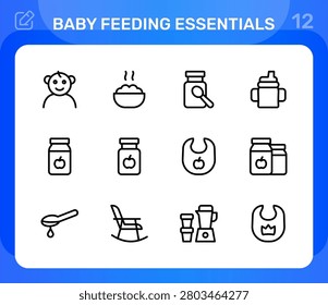 Baby feeding essentials icon set. Editable line icons. Professional and modern outline icon pack vector illustration featuring infant nutrition bottle high chair bib and mealtime in a simple design.