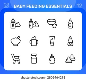 Baby feeding essentials icon set. Editable line icons. Professional and modern outline icon collection vector illustration featuring baby mealtime bowl spoon bib and feeding bottle in a minimal design.