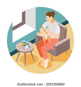 Baby feeding isometric round composition with view of woman feeding baby with pump bottle vector illustration