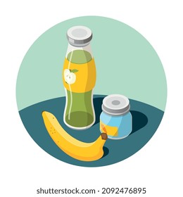 Composición redonda isométrica de alimentación para bebés con imágenes de botellas de alimentos para lactantes con caña y fruta bananera ilustraciones vectoriales