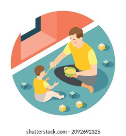 Baby feeding isometric round composition with father feeding baby with porridge vector illustration