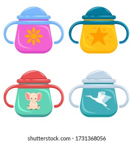 Baby feeding kit. Feeding bottle. Vector set. Feeding kit. First meal. Bottles. Vector illustration. Flower. Star. Elephant. Stork.