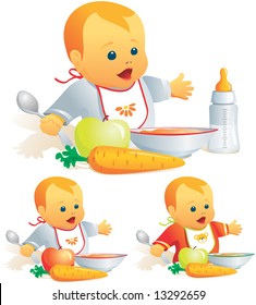 Baby feeding, nursing-bottle, solid food, variants. Vector illustration. More of the series in portfolio.