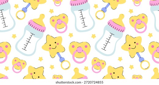 Aleitamento de bebês e jogar sem costura padrão com garrafas, chupetas e chocalhos de estrelas. Fundo bonito do berçário infantil com garrafas de leite, chupetas cor-de-rosa e estrelas felizes. Impressão vetorial plana minimalista.