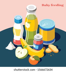 Baby feeding products for infants kids isometric advertising composition with milk powder fruit juice bottle vector illustration 