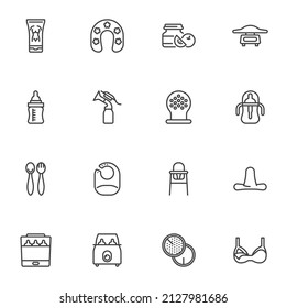 Baby feeding products line icons set, outline vector symbol collection, linear style pictogram pack. Signs, logo illustration. Set includes icons as breastfeeding bra, milk bottle, silicone pacifier