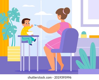 Baby feeding room. Mom gives food toddler with spoon at home, little kid sitting on high chair, harmful child refuses eat. Parent care and love, happy motherhood vector cartoon flat concept