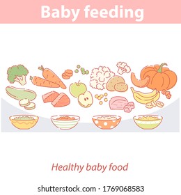 baby feeding. Set of different fresh meat, fish,  fruits and vegetables isolated. Bowls with ready puree for  child. Cooking puree for baby healthy food.  Cooking at home. Color vector illustration.