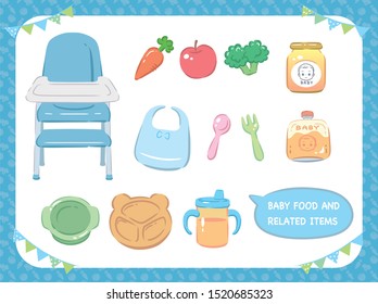 Baby feeding themed items. Vector illustration.
