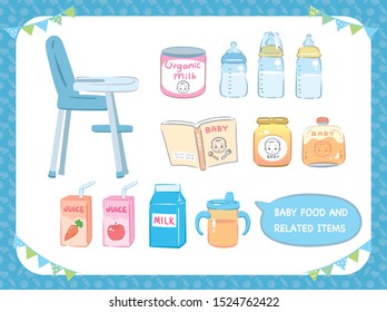Baby feeding themed items. Vector illustration.