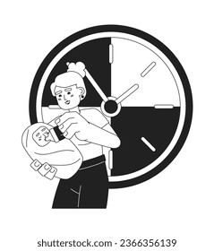 Baby feeding in time monochrome concept vector spot illustration. Care. Mother gives bottle for newborn 2D flat bw cartoon characters for web UI design. Isolated editable hand drawn hero image