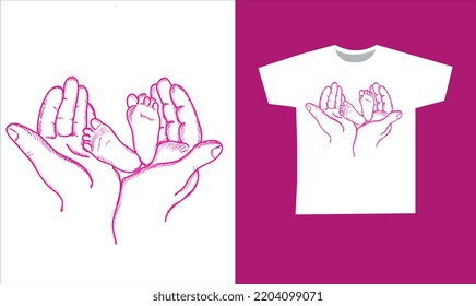 baby feet drawing in mom's hands vector design. Printable baby feet designs on t-shirt.
