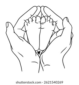 Baby feet in hands, handdrawn vector illustration