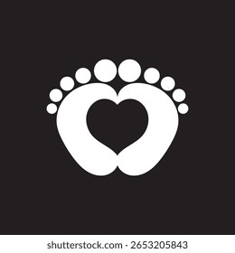 Baby feet Icon with love shape. Baby Footprints in Heart Silhouette Vector Icon Love Family Symbol. .