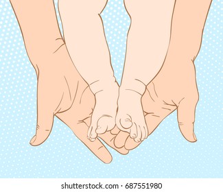 Baby feet in mother hands, Happy family maternity concept, Colored line art sketch on halftone dots blue background, Hand drawn vector illustration