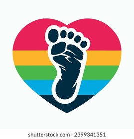 Baby feet silhouette. Footprint inside of black heart. Footstep with a heart